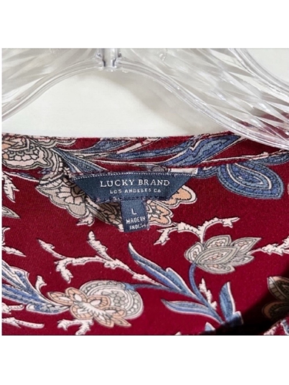 Lucky Brand henley shirt burgundy red floral blue paisley boho split neck - Picture 7 of 9